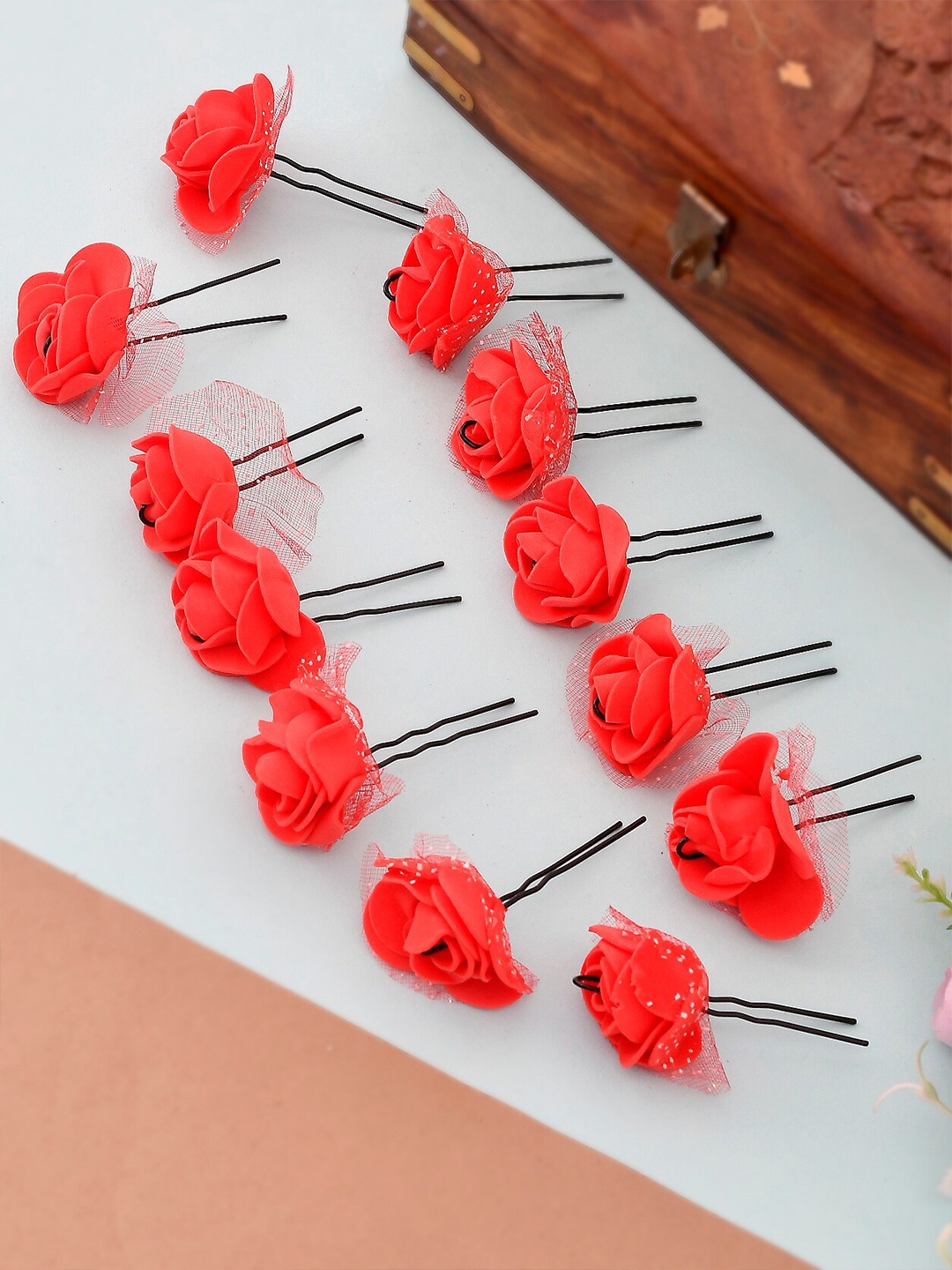 

Silvermerc Designs Women Set of 10 Red & White Embellished U Pins