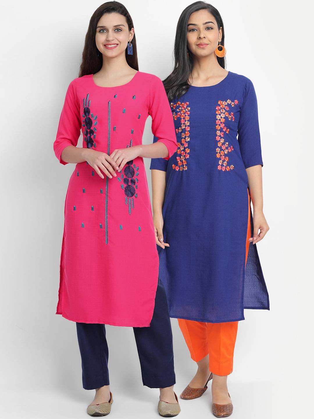 

7Threads Women Pack of 2 Pink & Blue Embroidered Straight Kurta