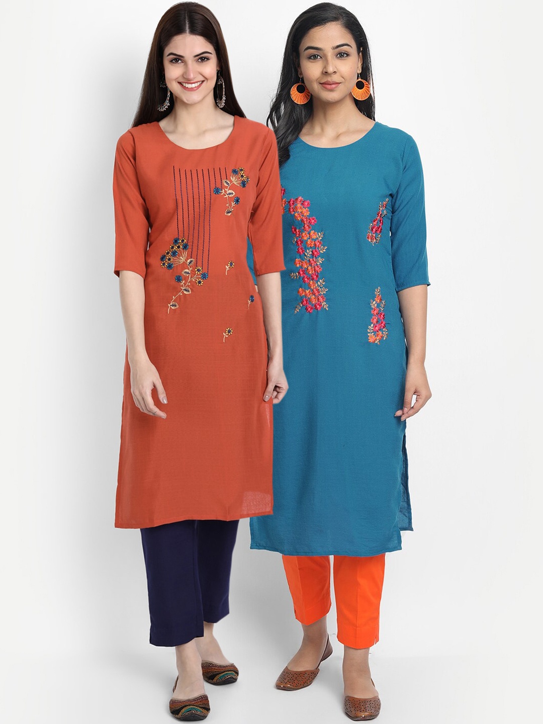 

7Threads Women Multicoloured Pack of 2 Cotton Embroidered Straight Kurta, Multi