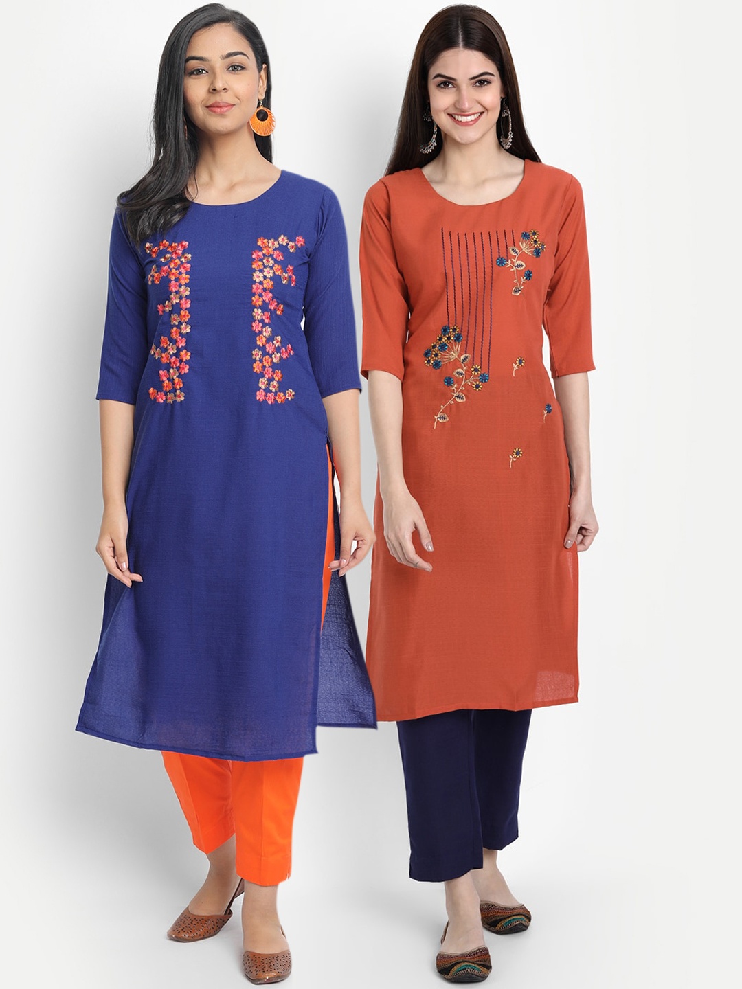 

7Threads Women Pack Of 2 Blue & Orange Floral Embroidered Thread Work Kurta