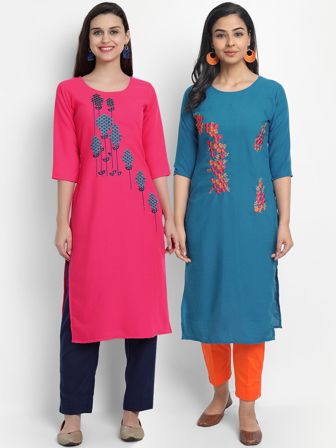 

7Threads Women Pack Of 2 Pink & Blue Floral Embroidered Kurta