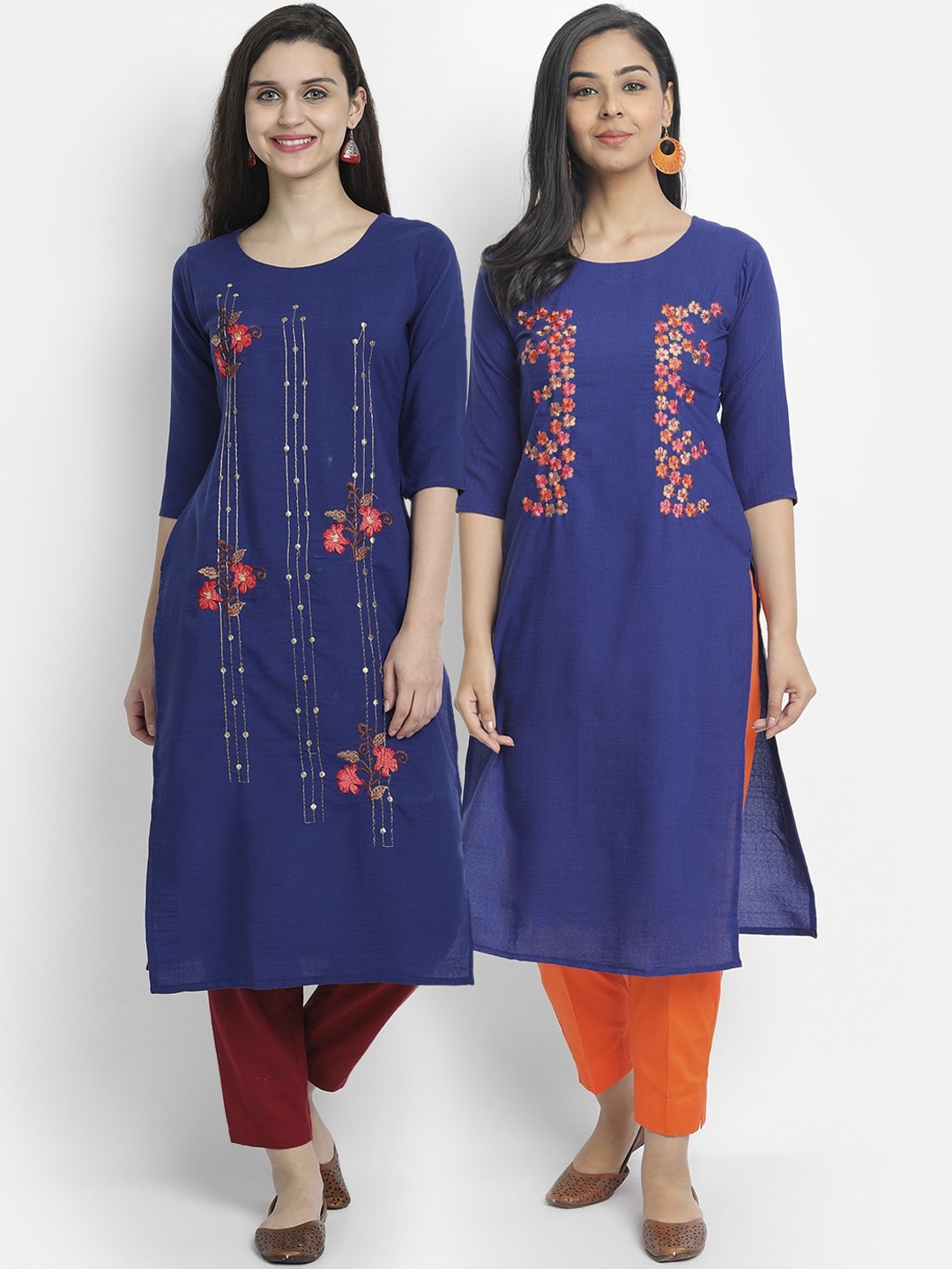 

7Threads Women Pack Of 2 Blue & Orange Floral Embroidered Thread Work Kurta