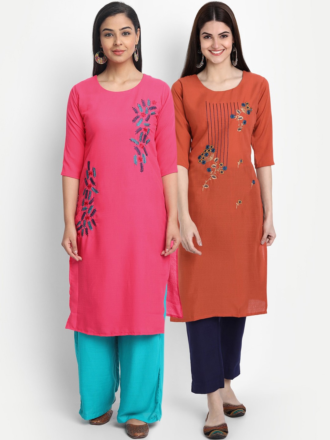 

7Threads Women Pack of 2 Pink & Rust Embroidered Straight Kurta