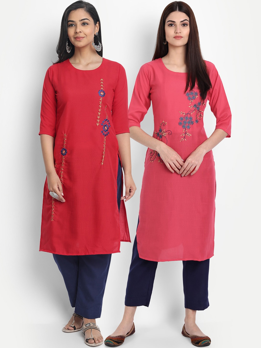 

7Threads Women Pack Of 2 Red & Pink Floral Embroidered Cotton Kurta