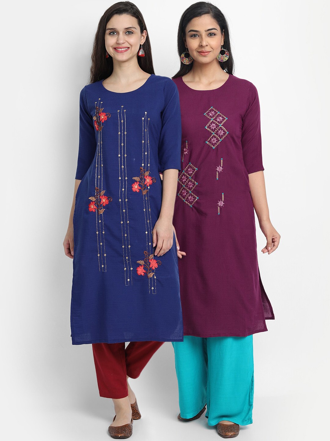

7Threads Women Pack Of 2 Blue & Purple Floral Embroidered Floral Kurta