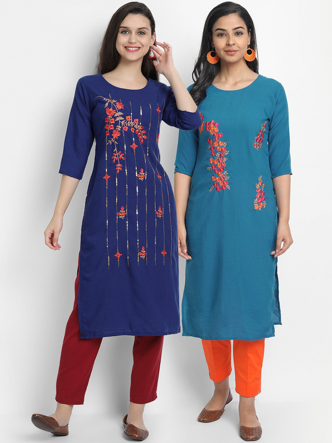 

7Threads Women Pack Of 2 Navy Blue & Teal Blue Floral Embroidered Kurtas