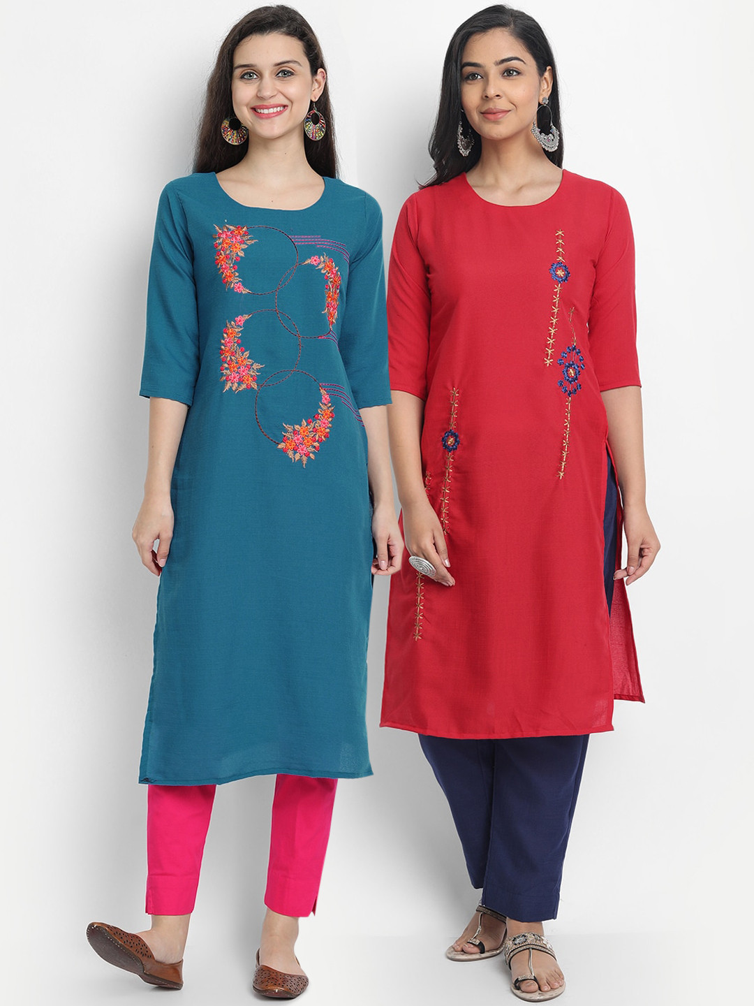 

7Threads Women Pack Of 2 Floral Embroidered Kurtas, Teal