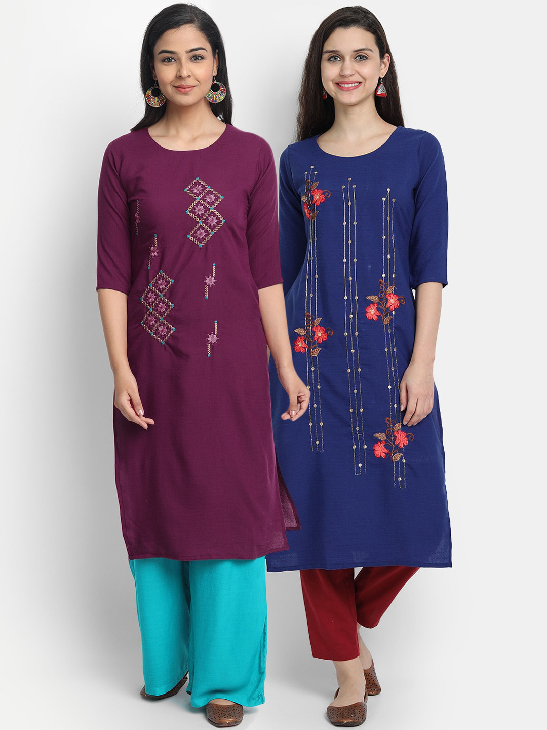 

7Threads Women Pack of 2 Embroidered Mirror Work Kurta, Maroon