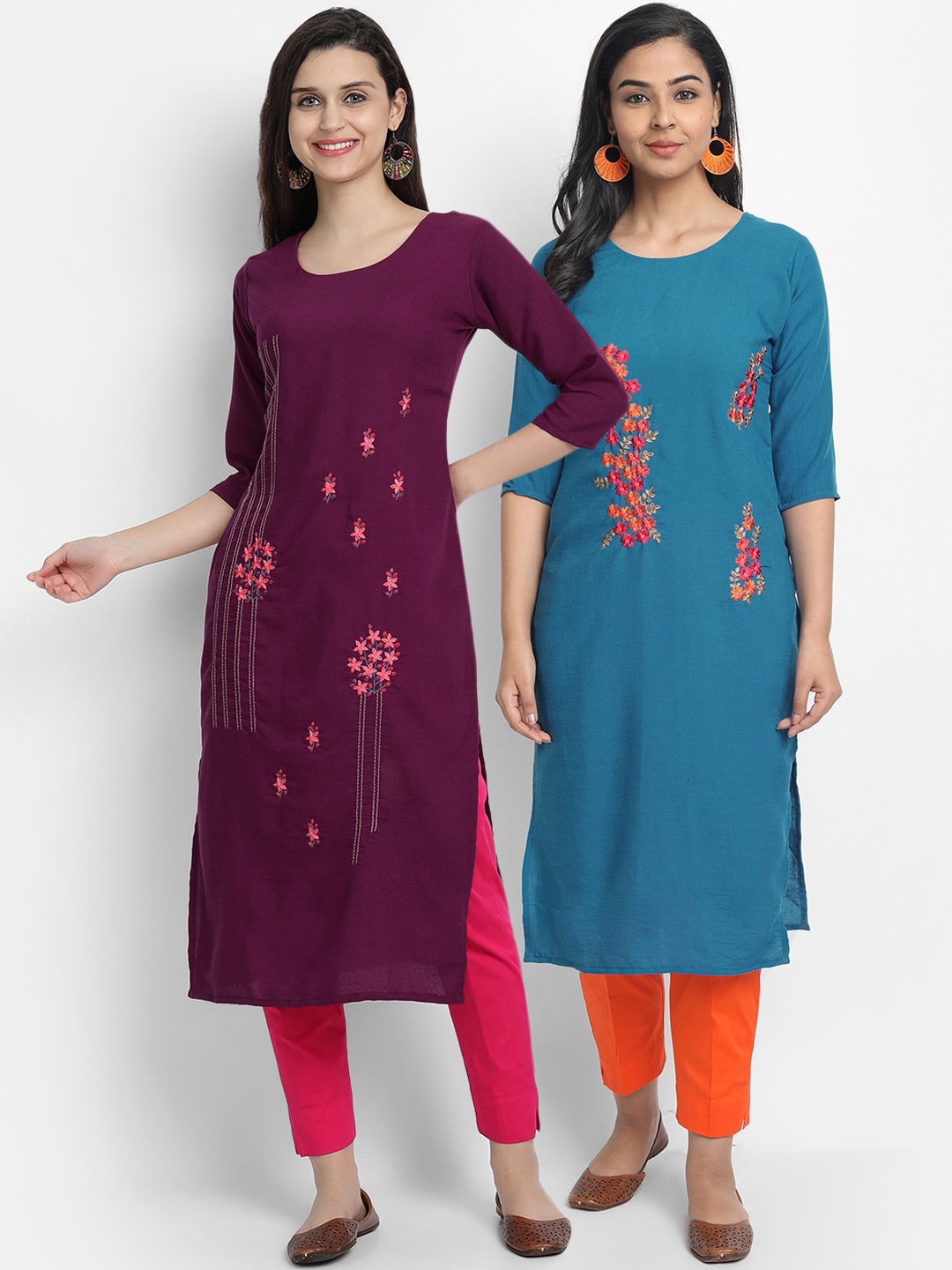 

7Threads Women Pack of 2 Blue & Purple Embroidered Straight Kurta