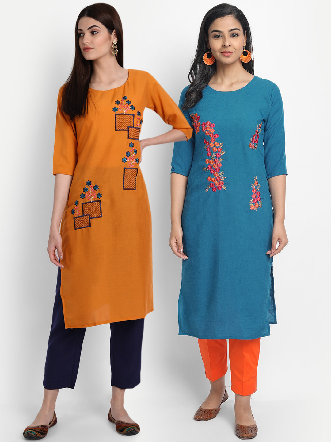 

7Threads Women Mustard Yellow & Blue Set Of 2 Embroidered Flared Sleeves Mirror Work Kurta, Multi