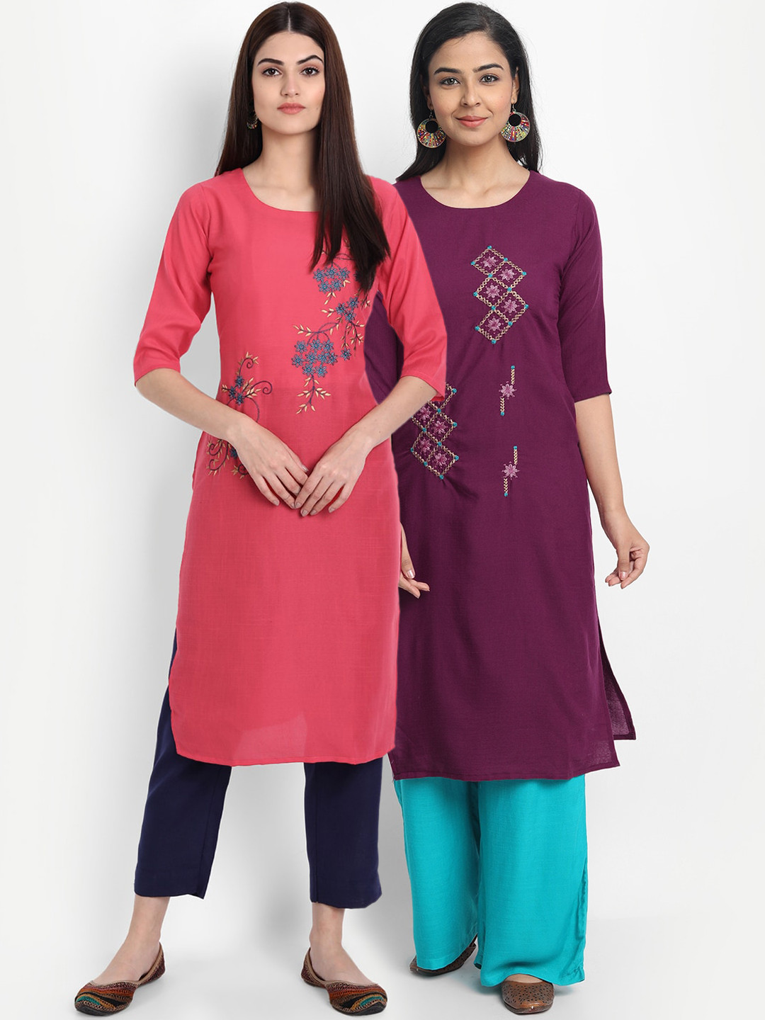 

7Threads Women Pack Of 2 Pink & Burgundy Floral Embroidered Thread Work Kurta