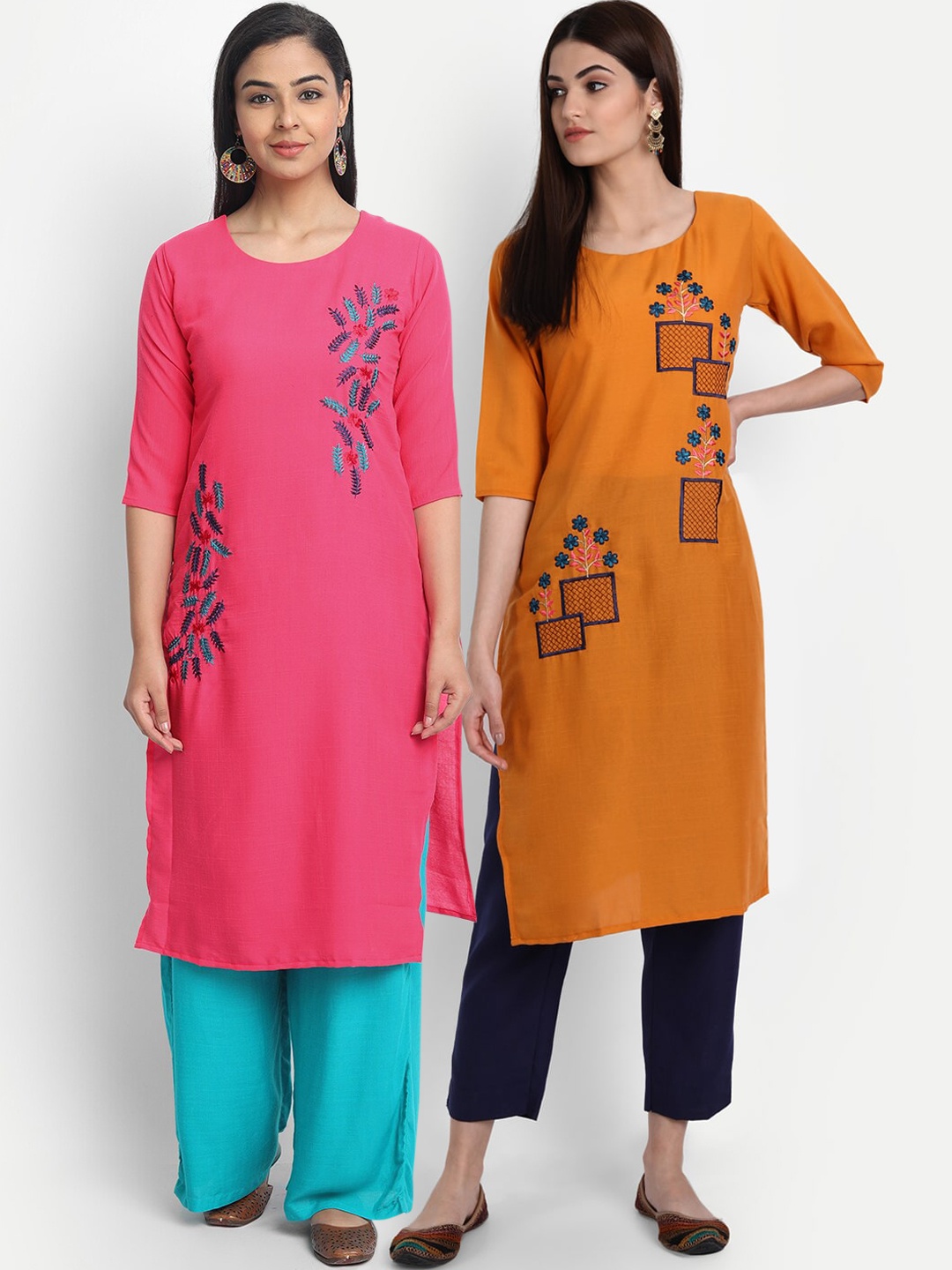 

7Threads Women Pack Of 2 Pink & Mustard Yellow Floral Embroidered Kurta