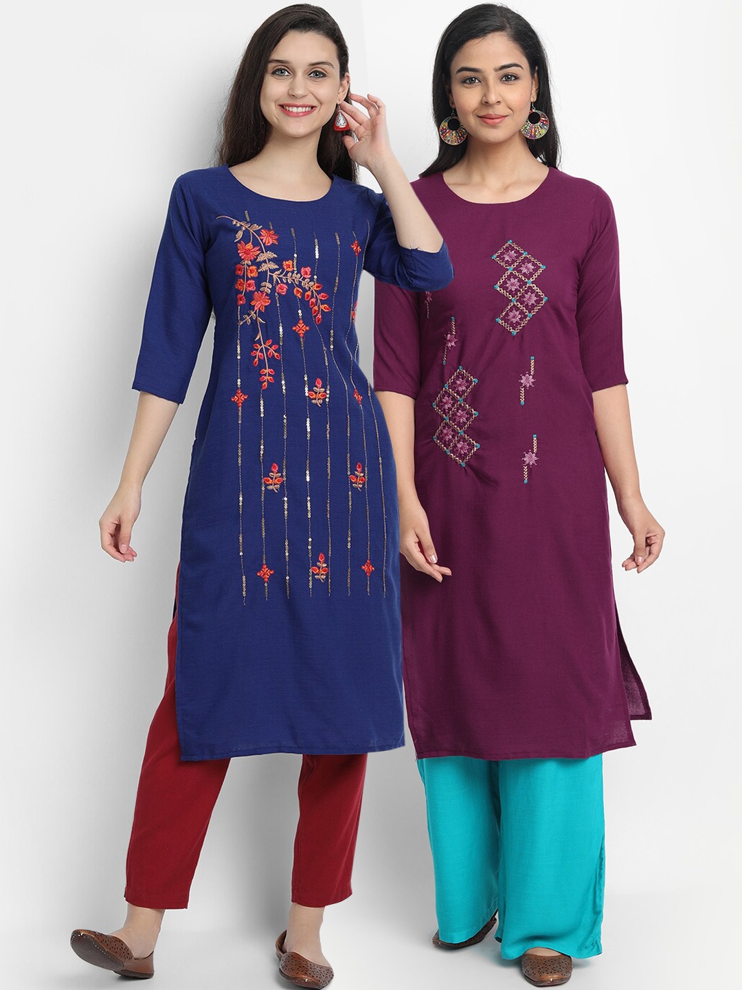 

7Threads Women Pack Of 2 Blue & Purple Floral Embroidered Cotton Kurta
