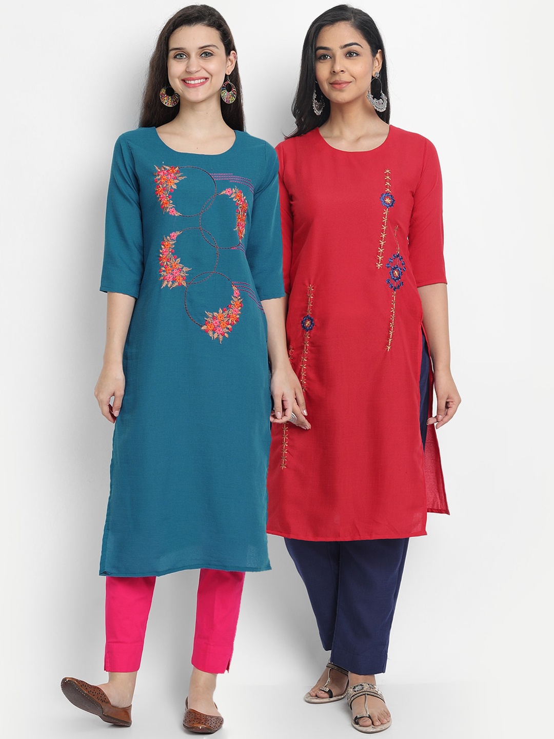 

7Threads Women Pack of 2 Embroidered Kurta, Red