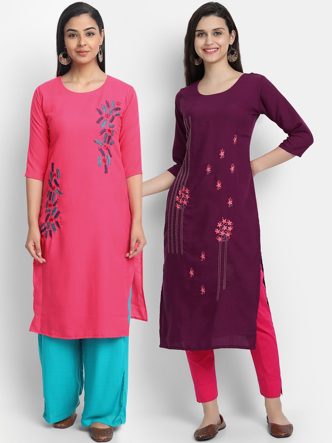 

7Threads Women Pack Of 2 Pink & Purple Floral Embroidered Kurta