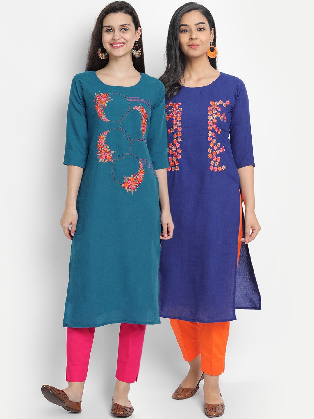 

7Threads Women Pack Of 2 Floral Embroidered Thread Work Kurta, Blue