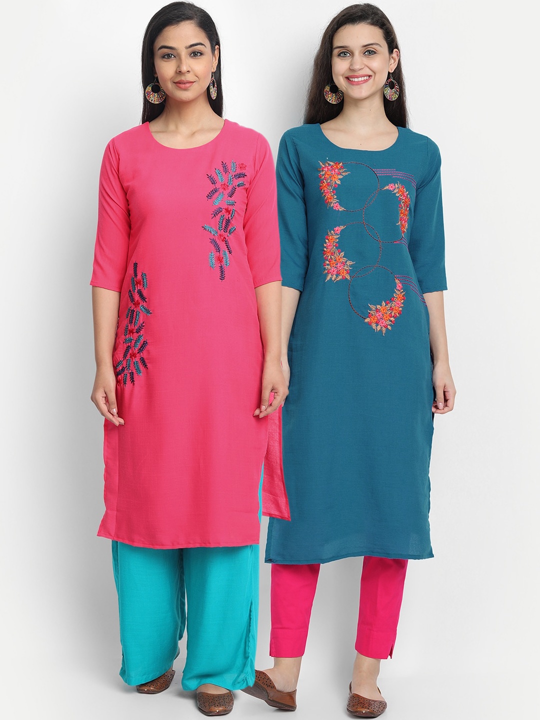 

7Threads Women Pack Of 2 Pink & Teal Blue Floral Embroidered Thread Work Kurtas