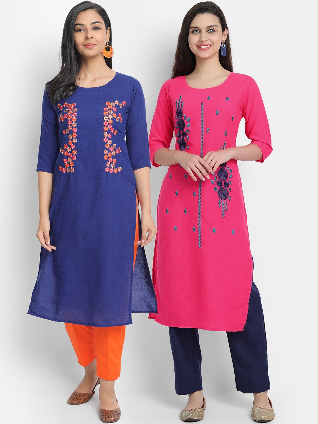 

7Threads Women Pack Of 2 Black & Pink Floral Embroidered Thread Work Kurta