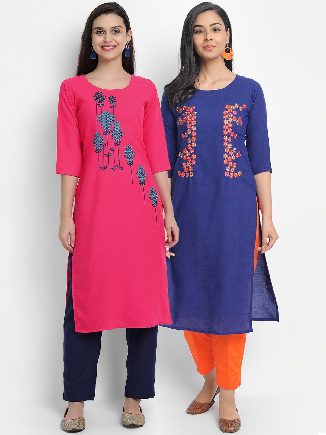 

7Threads Women Pack of 2 Pink & Blue Ethnic Motifs Embroidered Thread Work Kurta