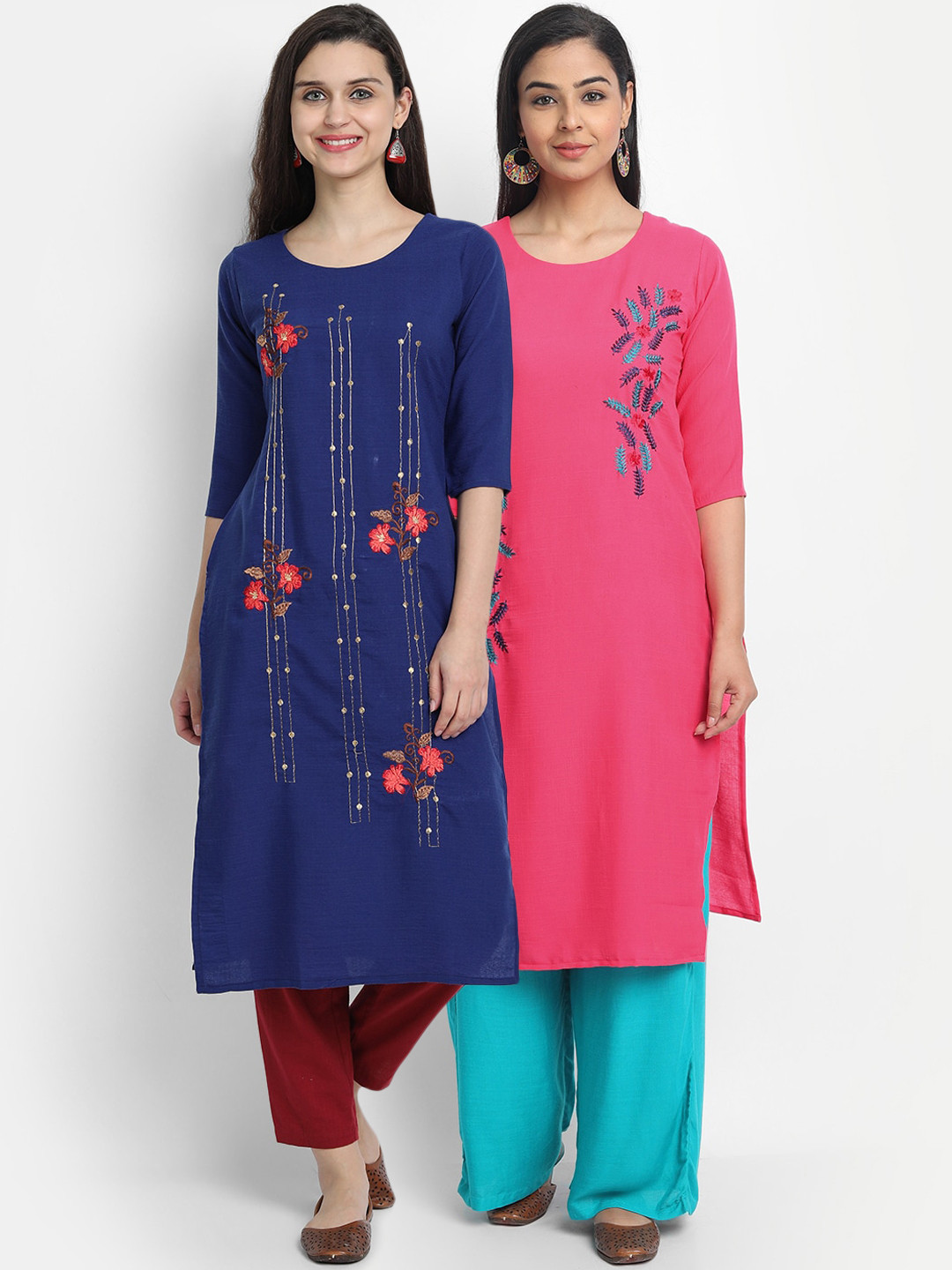 

7Threads Women Pack Of 2 Floral Embroidered Thread Work Kurta, Blue