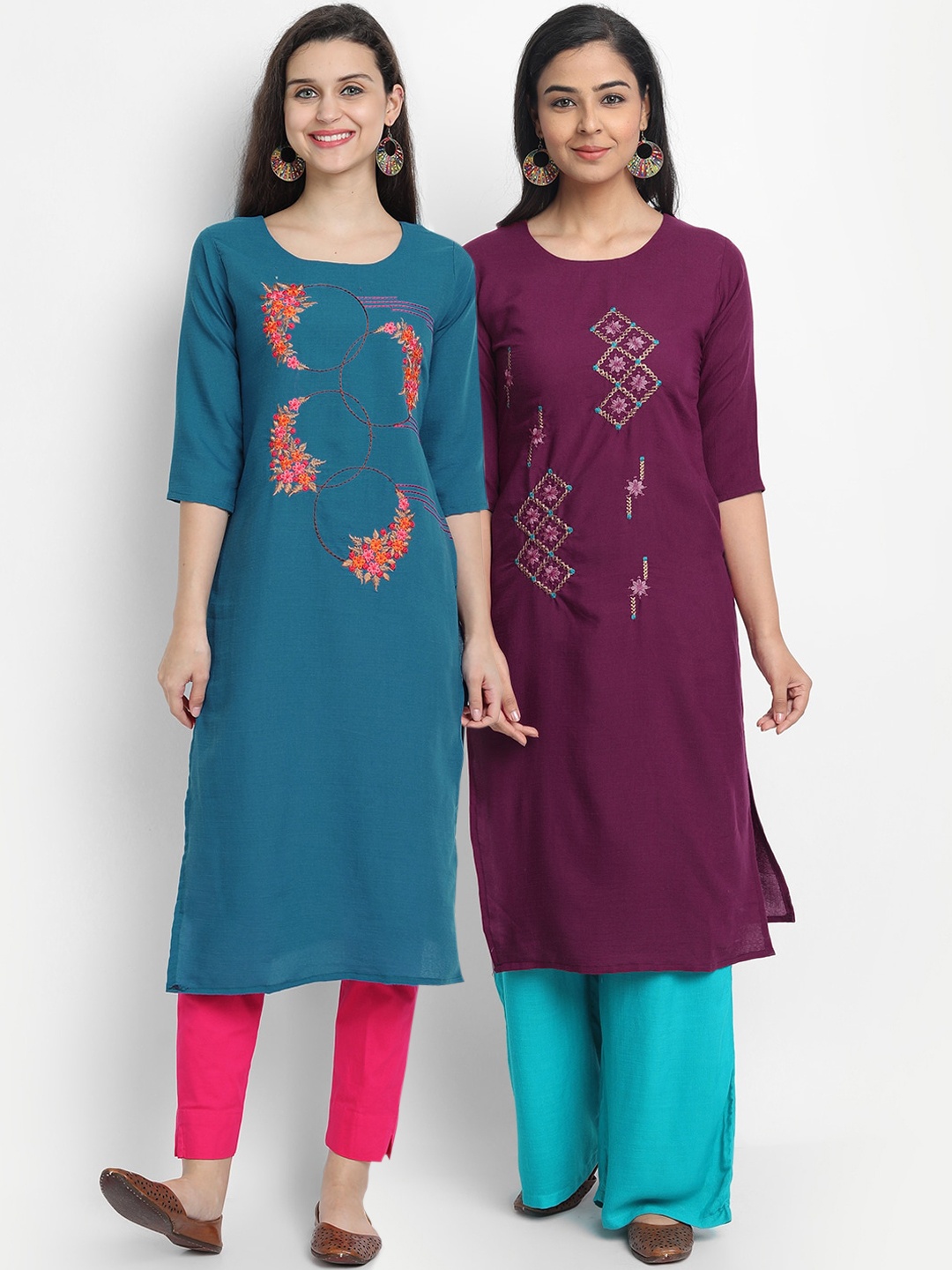 

7Threads Women Blue & Burgundy Set of 2 Geometric Dyed Mirror Work Kurta, Multi