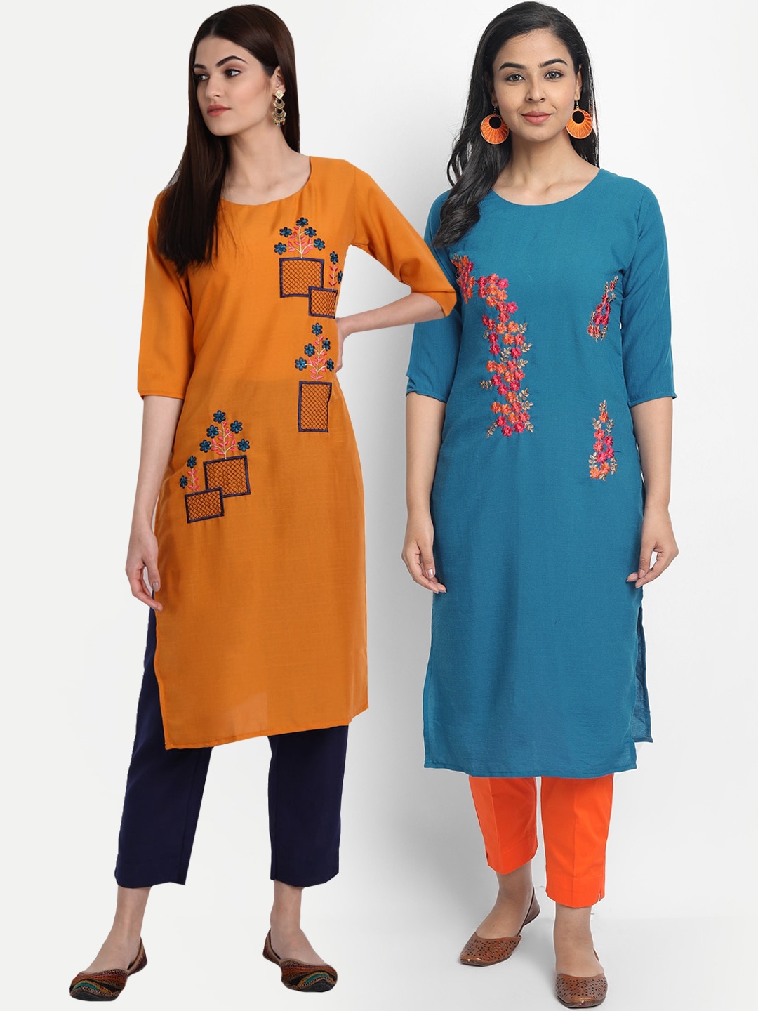 

7Threads Women Pack Of 2 Orange & Blue Floral Embroidered Cotton Kurta