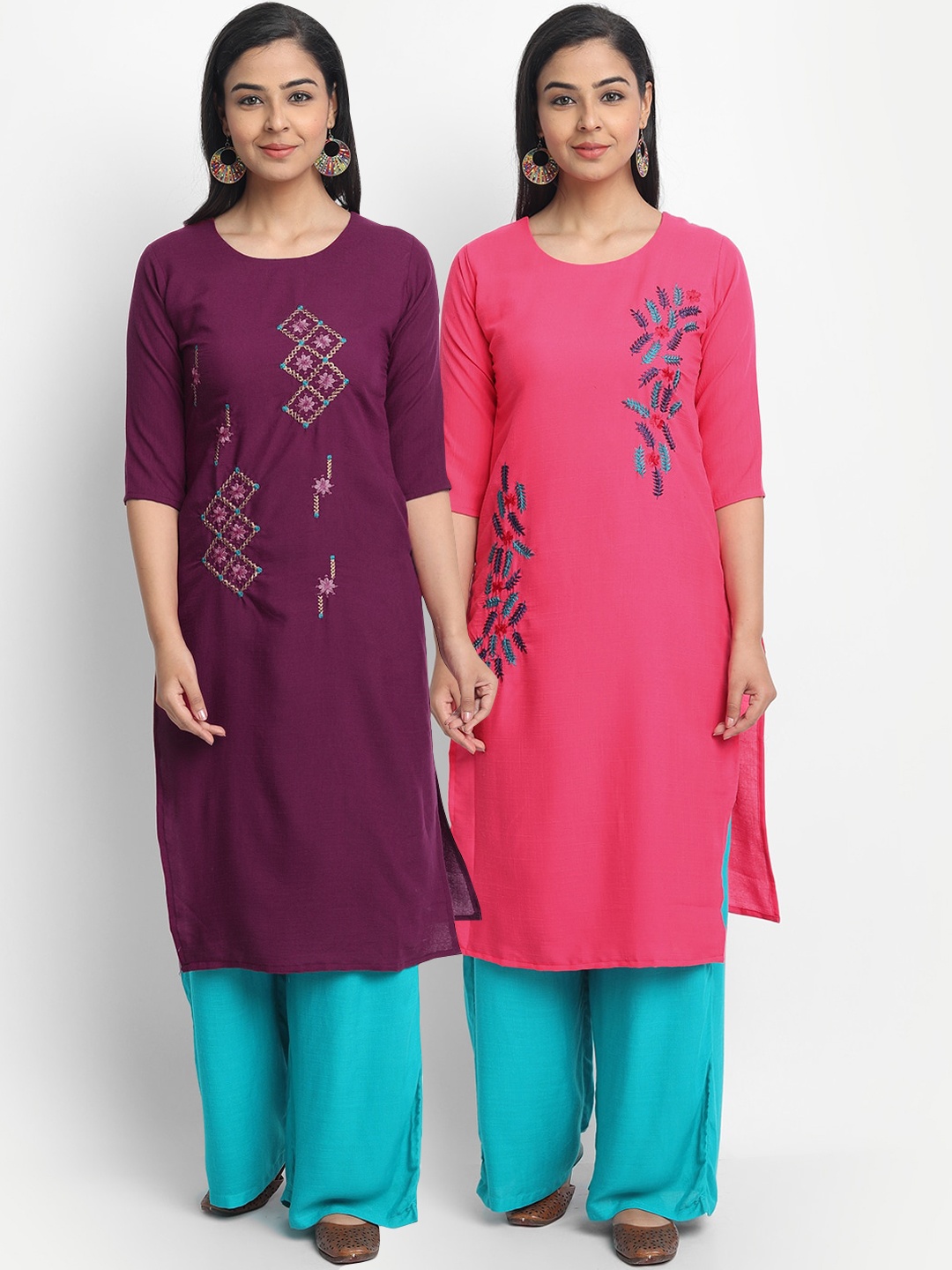 

7Threads Women Multicoloured Pack of 2 Cotton Embroidered Straight Kurta, Multi