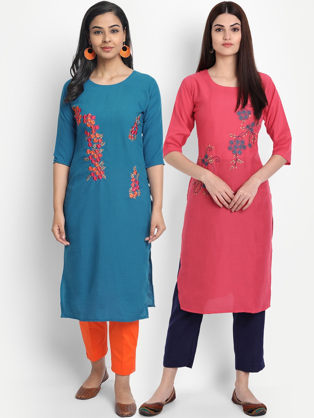 

7Threads Women Pack Of 2 Teal & Pink Floral Embroidered Thread Work Kurta
