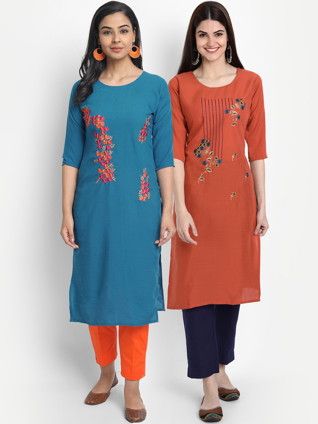

7Threads Women Pack Of 2 Blue & Rust Floral Embroidered Thread Work Kurta
