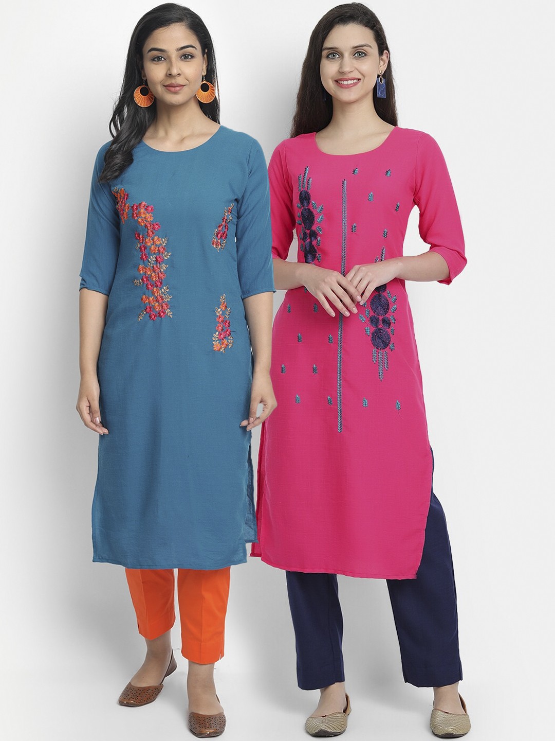 

7Threads Women Pack of 2 Teal & Pink Floral Embroidered Thread Work Kurta