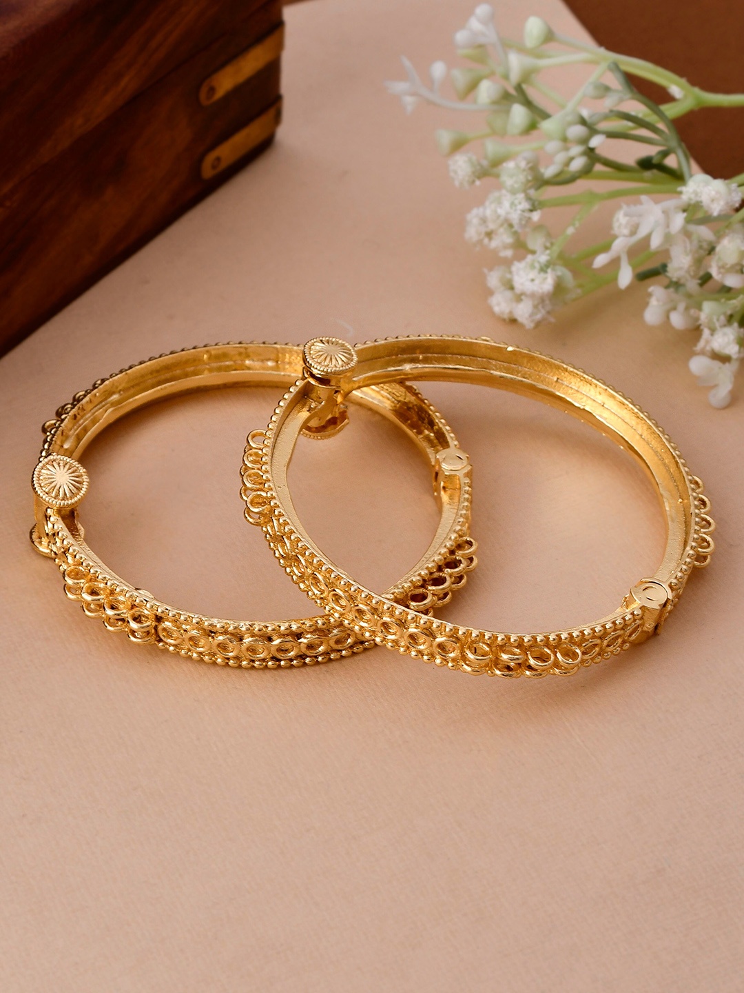 

Silvermerc Designs Women Set Of 2 Gold-Toned & White Brass Bangle-Style Bracelet