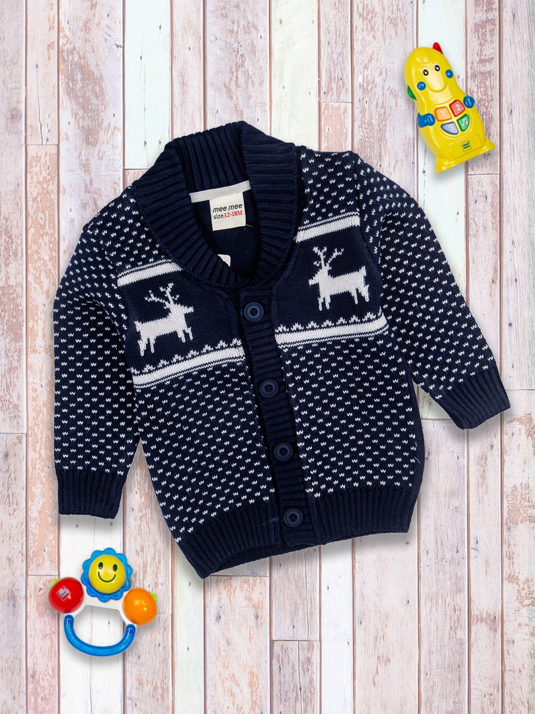 

MeeMee Boys Navy Blue & White Animal Printed Cardigan