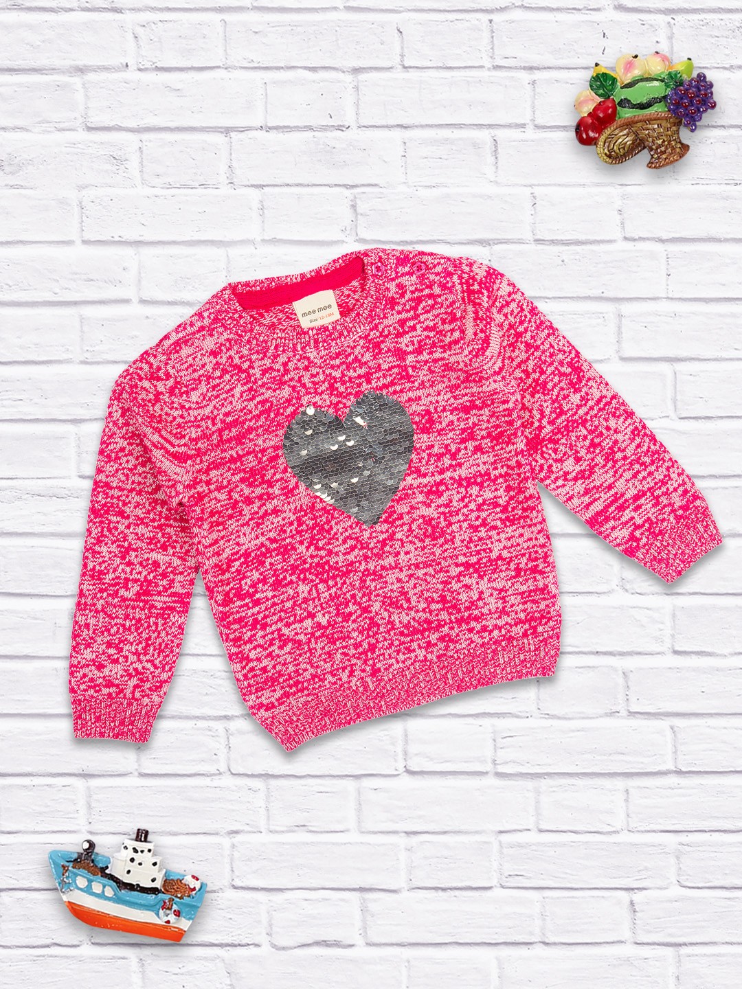 

MeeMee Girls Pink & Grey Printed Woolen Pullover with Embellished Detail