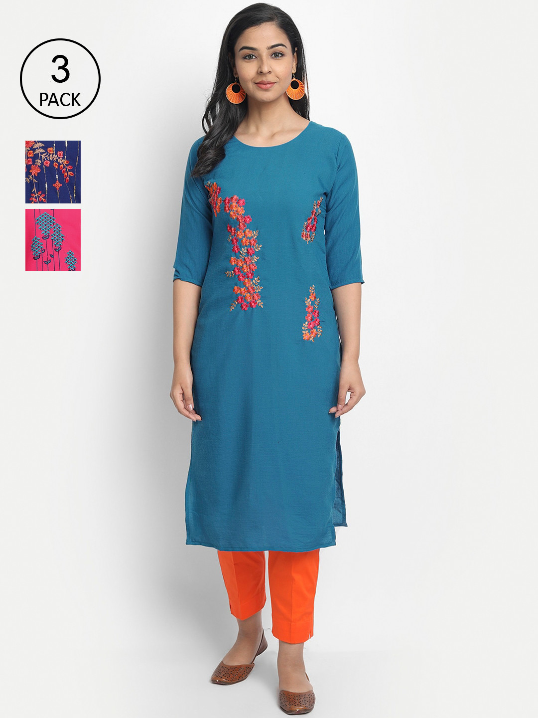

7Threads Women Blue & Pink Set Of 3 Embroidered Flared Sleeves Mirror Work Kurta, Navy blue
