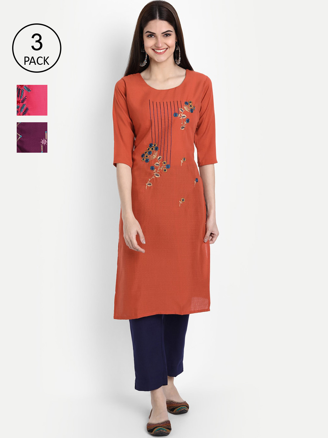 

7Threads Women Pack of 3 Embroidered Kurta, Rust