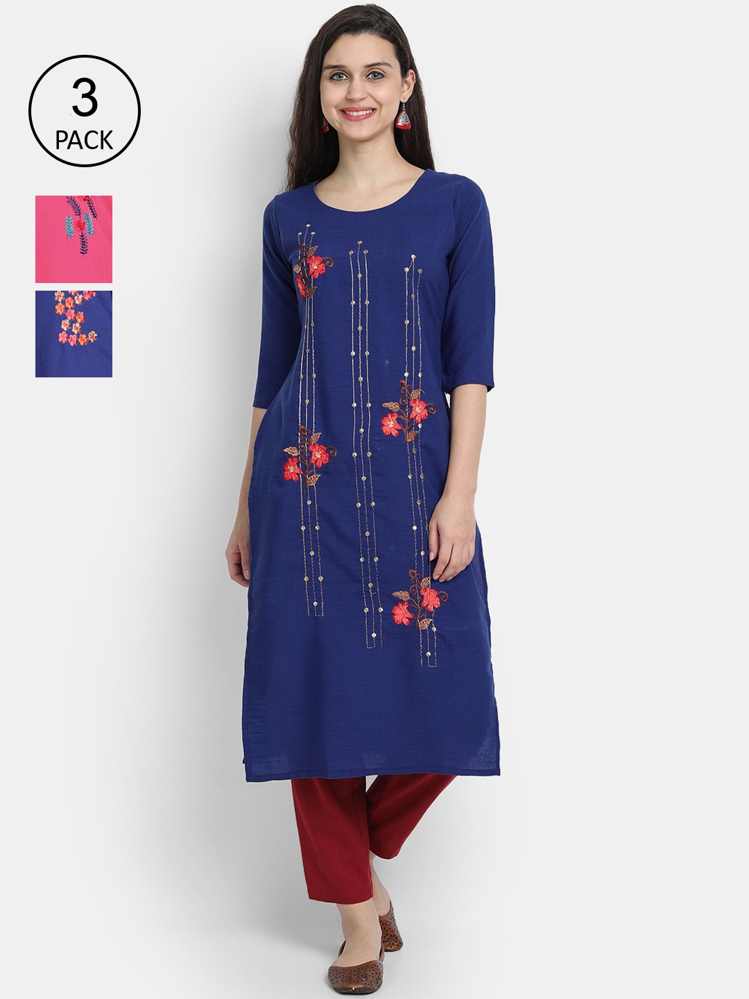 

7Threads Women Multicoloured Pack of 3 Cotton Embroidered Straight Kurta, Multi