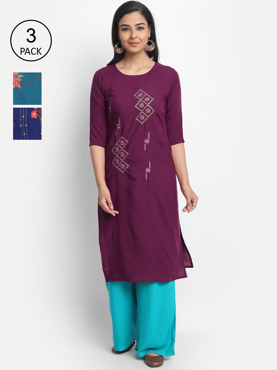 

7Threads Women Pack of 3 Ethnic Motifs Embroidered Thread Work Kurtas, Multi