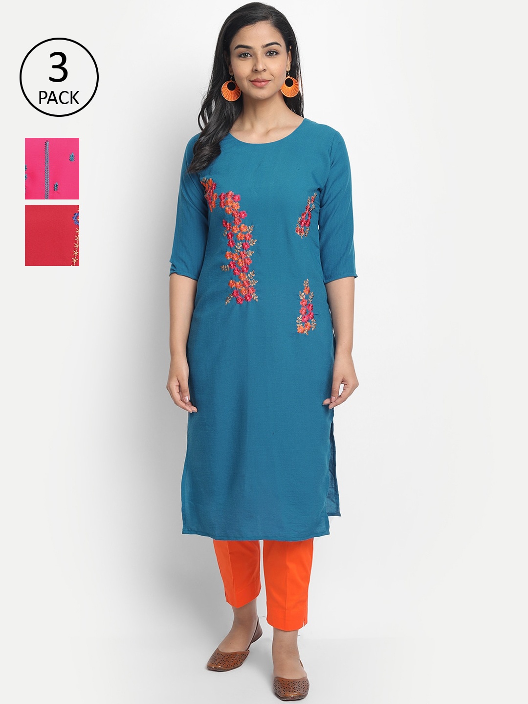

7Threads Women Pack Of 3 Multicoloured Floral Embroidered Thread Work Kurta, Multi