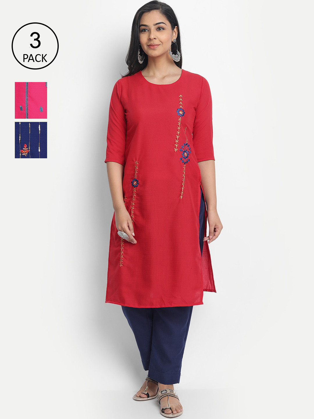 

7Threads Women Pack of 3 Red & Pink Floral Embroidered Thread Work Kurta