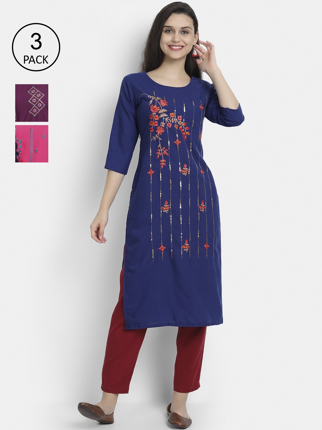 

7Threads Women Pack Of 3 Blue & Pink Floral Embroidered Kurta