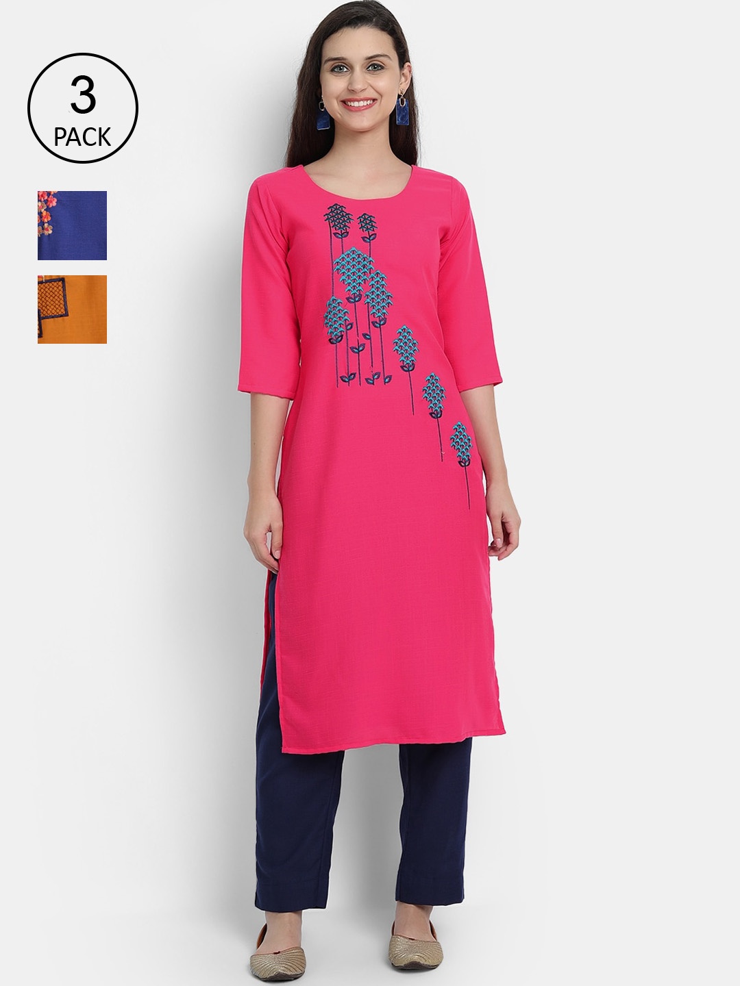 

7Threads Women Pack of 3 Embroidered Thread Work Kurta, Pink