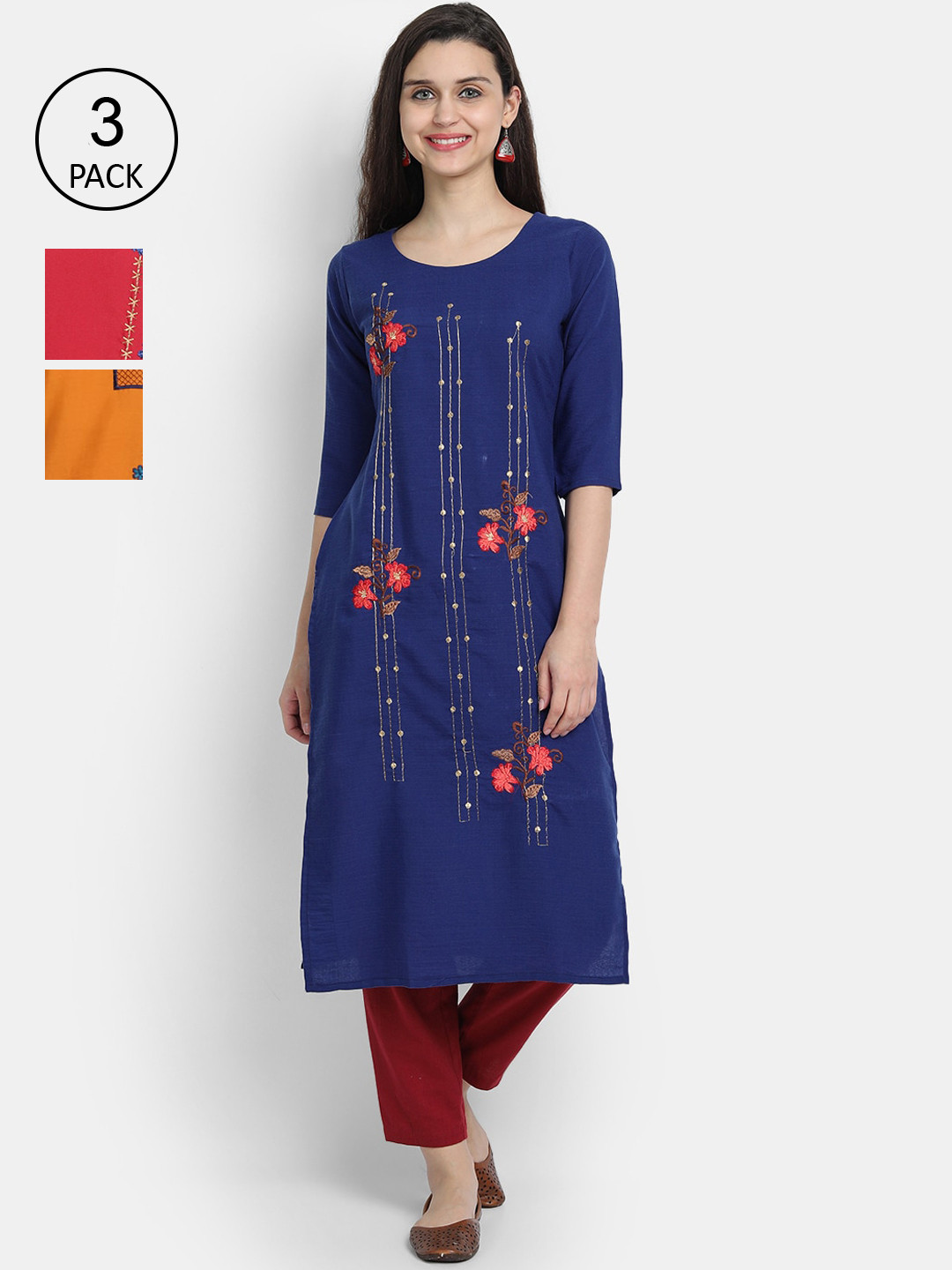 

7Threads Women Pack Of 3 Floral Embroidered Thread Work Kurta, Multi