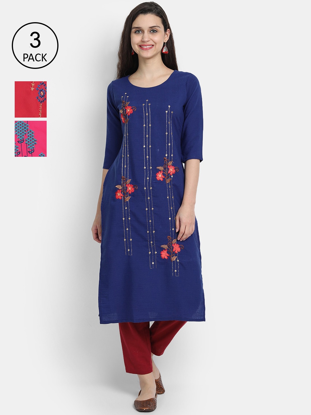 

7Threads Women Pack Of 3 Floral Embroidered Thread Work Kurtas, Multi