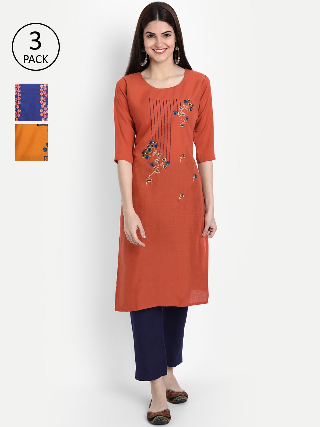 

7Threads Women Pack Of 3 Multicoloured Floral Embroidered Thread Work Kurta, Multi