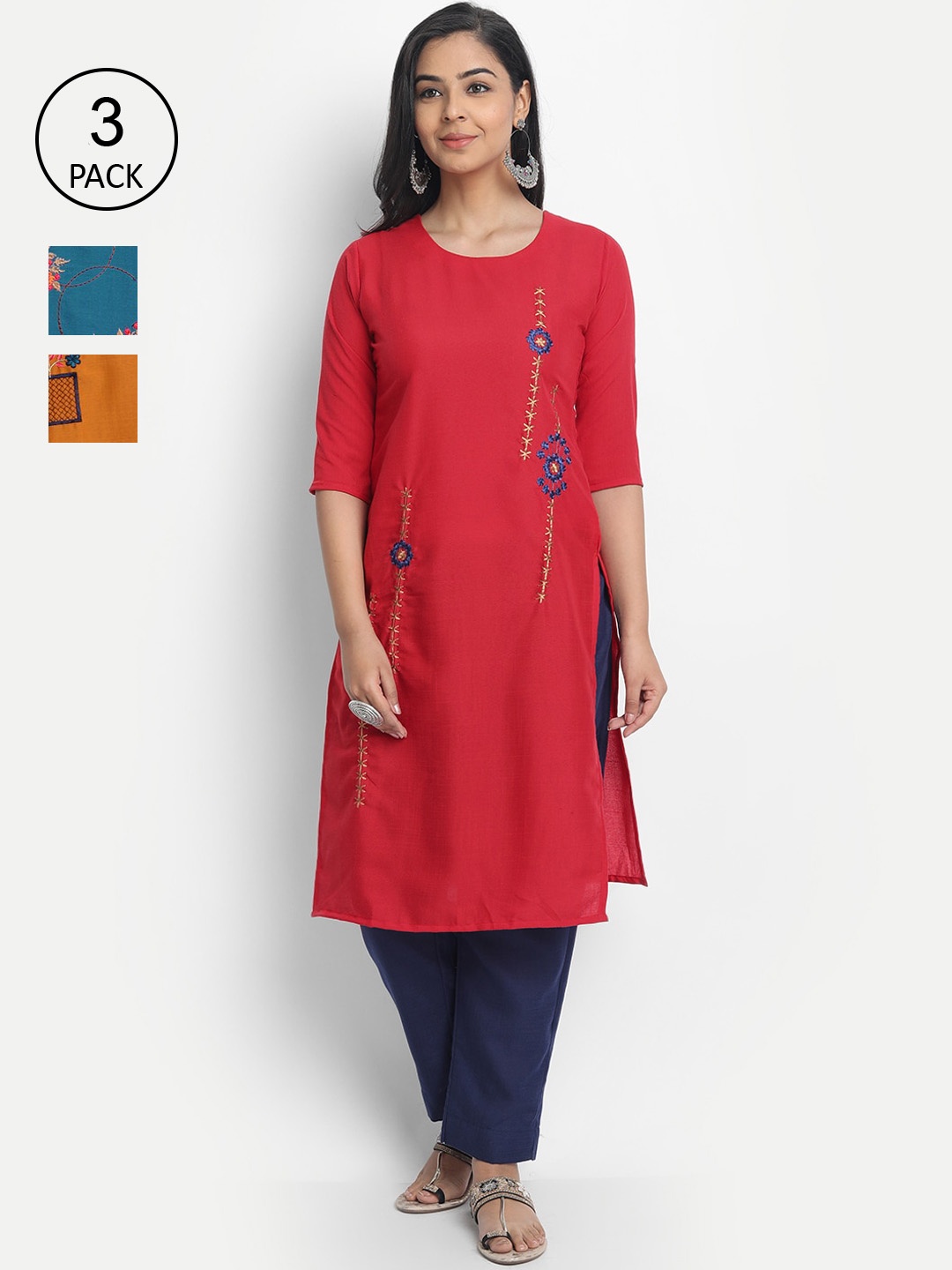 

7Threads Women Pack Of 3 Multicoloured Embroidered Kurtas, Multi