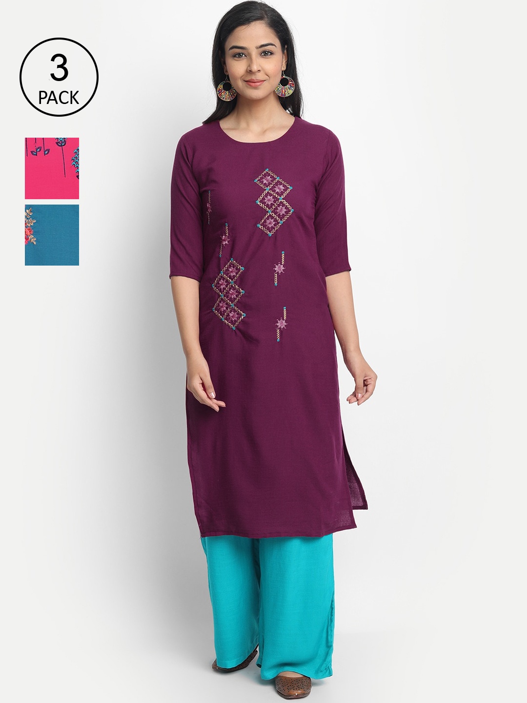 

7Threads Women Pack of 3 Purple & Magenta Floral Embroidered Thread Work Kurta
