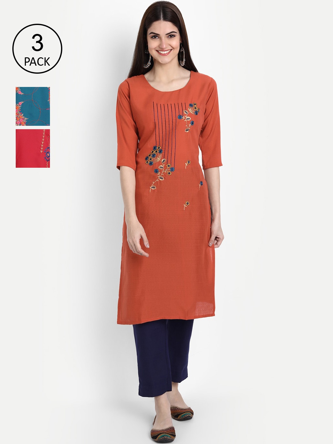 

7Threads Women Pack of 3 Multi Embroidered Straight Kurta
