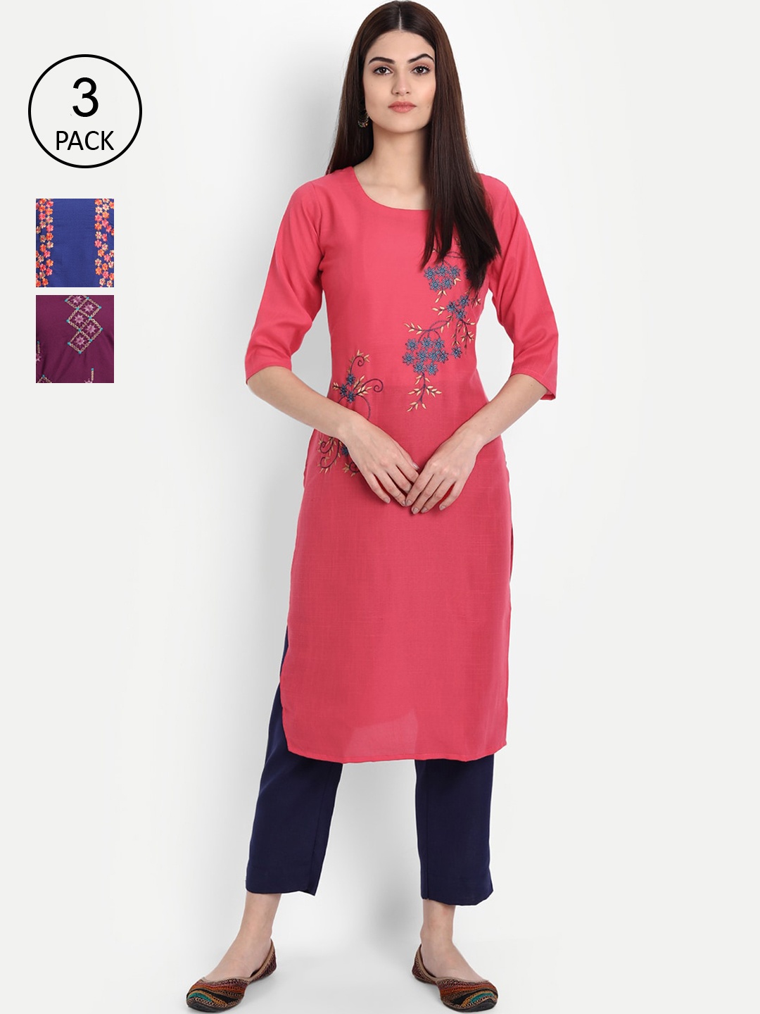 

7Threads Women Pack Of 3 Embroidered Straight Kurta, Pink