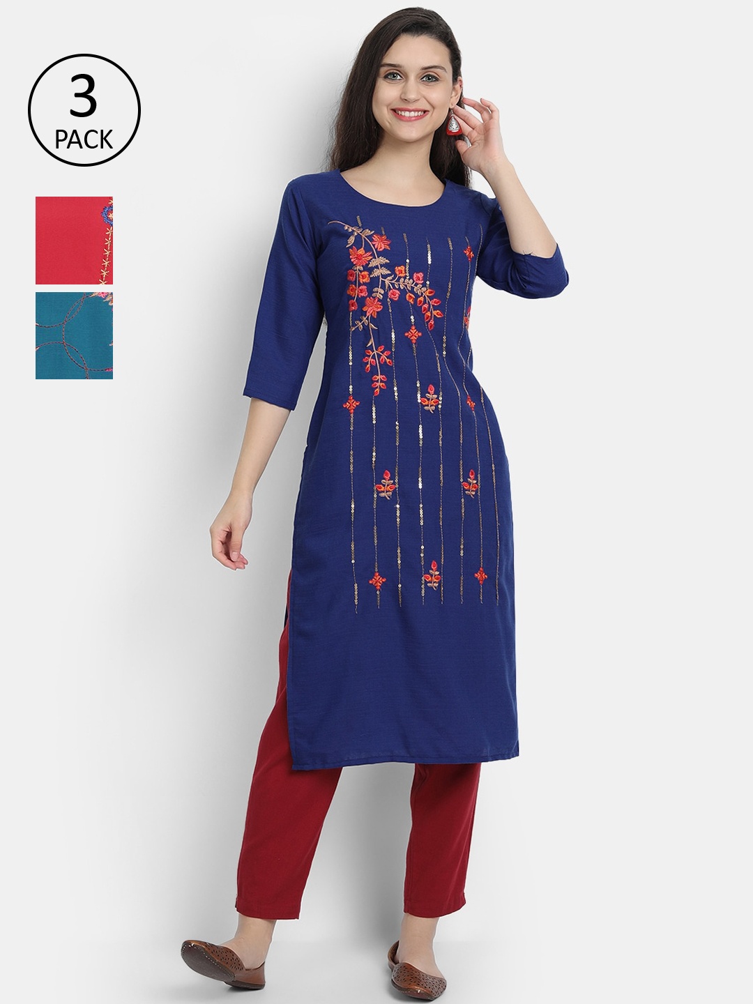 

7Threads Women Pack Of 3 Floral Embroidered Kurtas, Navy blue