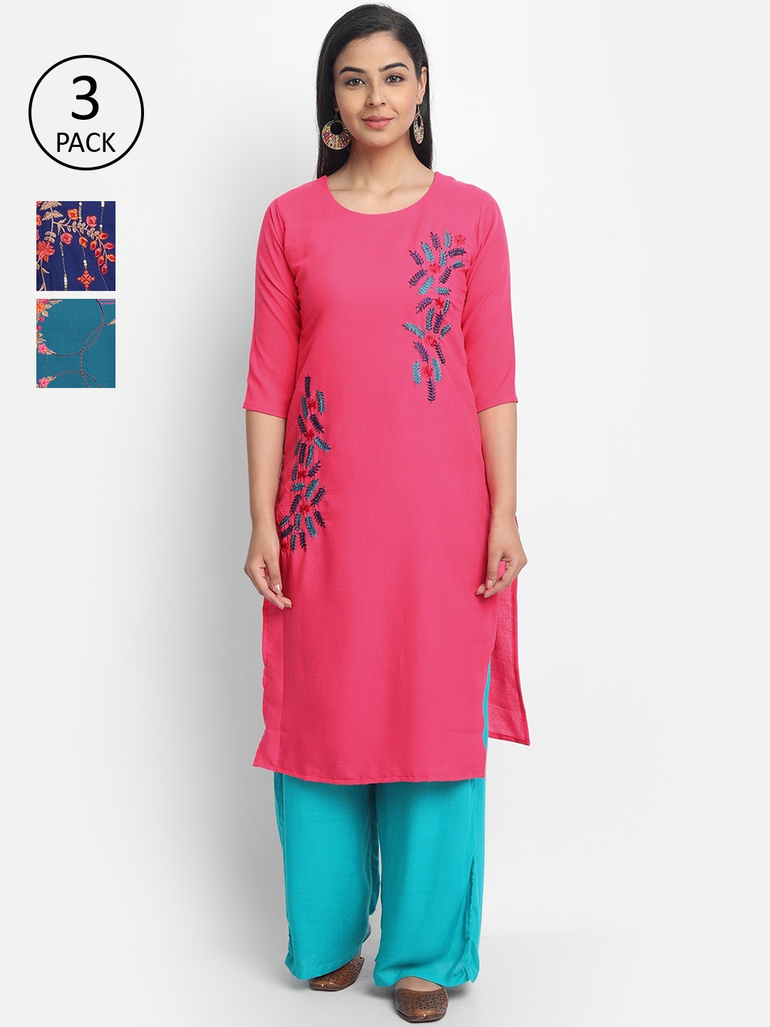 

7Threads Women Pack Of 3 Pink & Blue Floral Embroidered Kurta